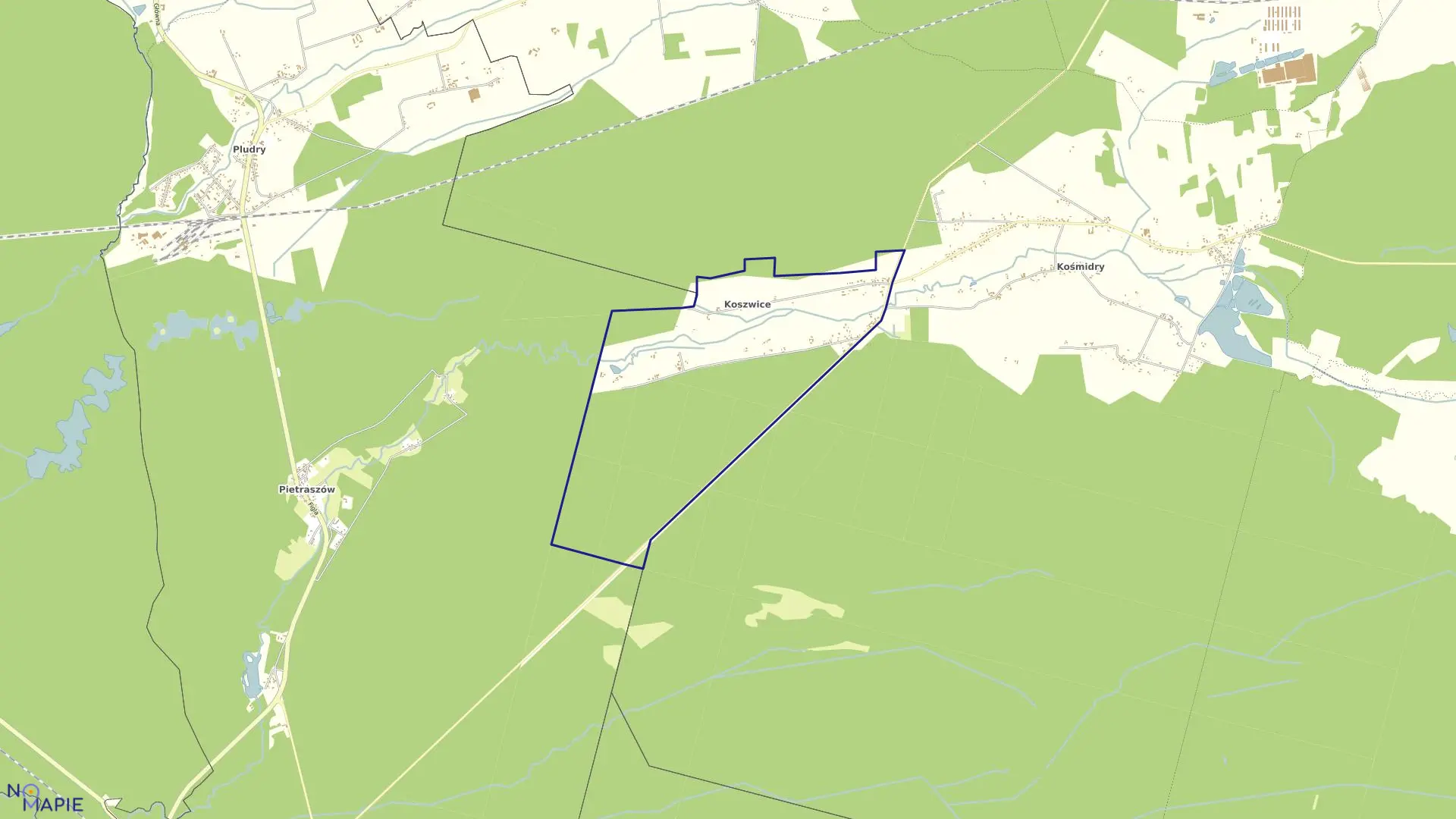 Mapa obrębu Koszwice w gminie Pawonków