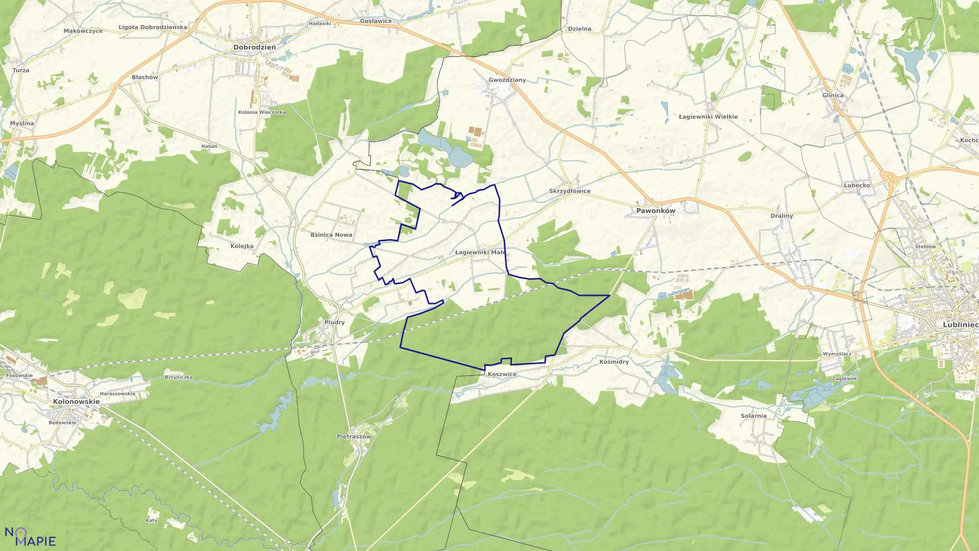 Mapa obrębu Łagiewniki Małe w gminie Pawonków